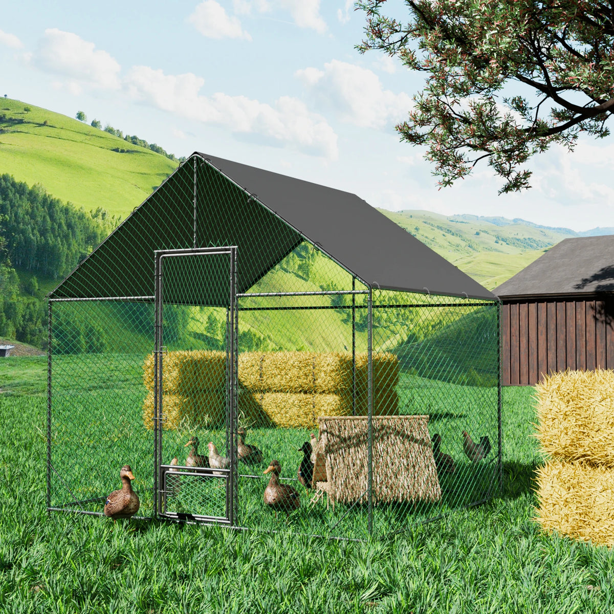 Upgraded Heavy Duty Metal Chicken Coop W/ Cover and Nylon Netting for Outdoor Backyard
