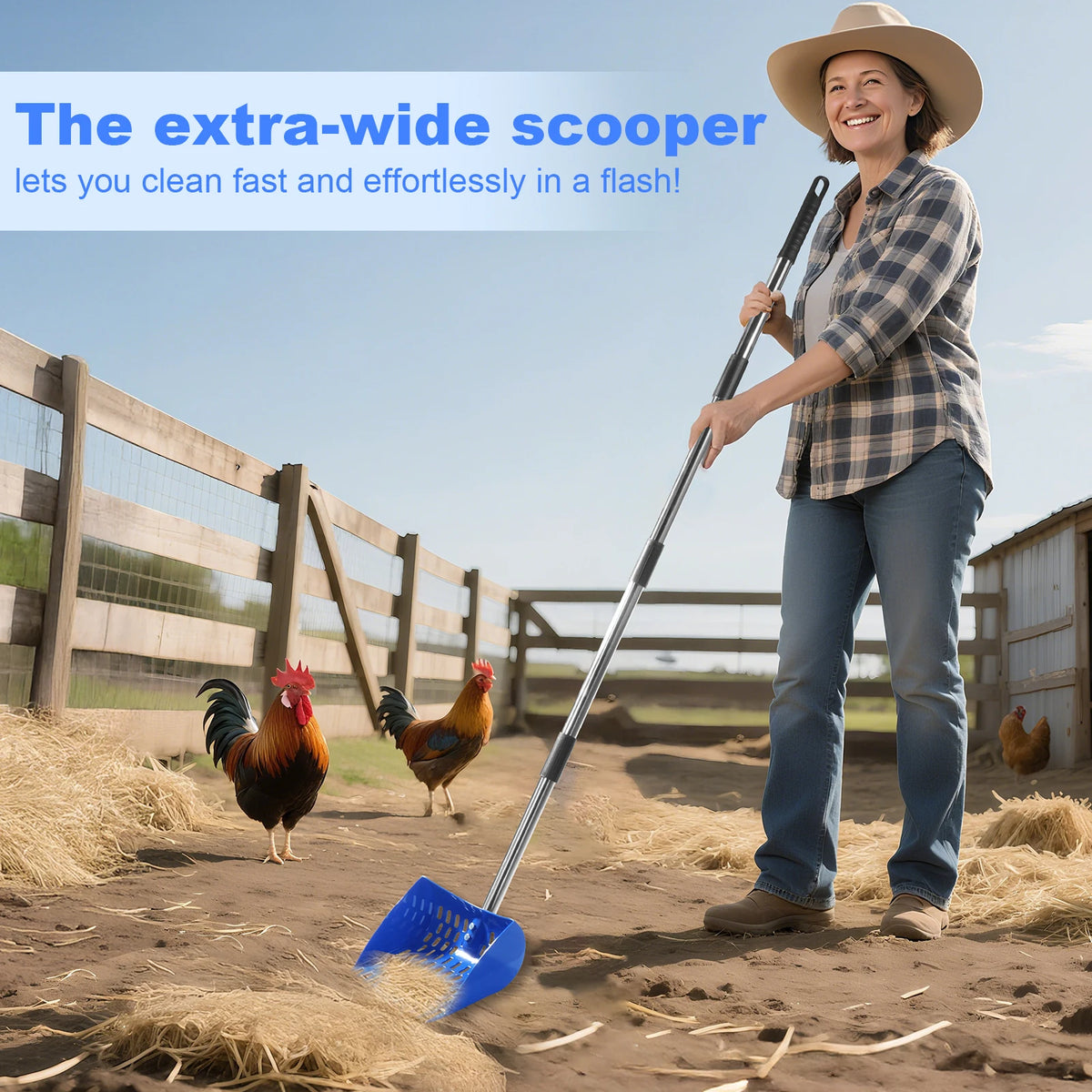 Ergonomic 2-in-1 Chicken Manure Shovel And Rake with Adjustable Handle Durable Sand Screen Garbage Shovel for Cleaning Chicken Coops