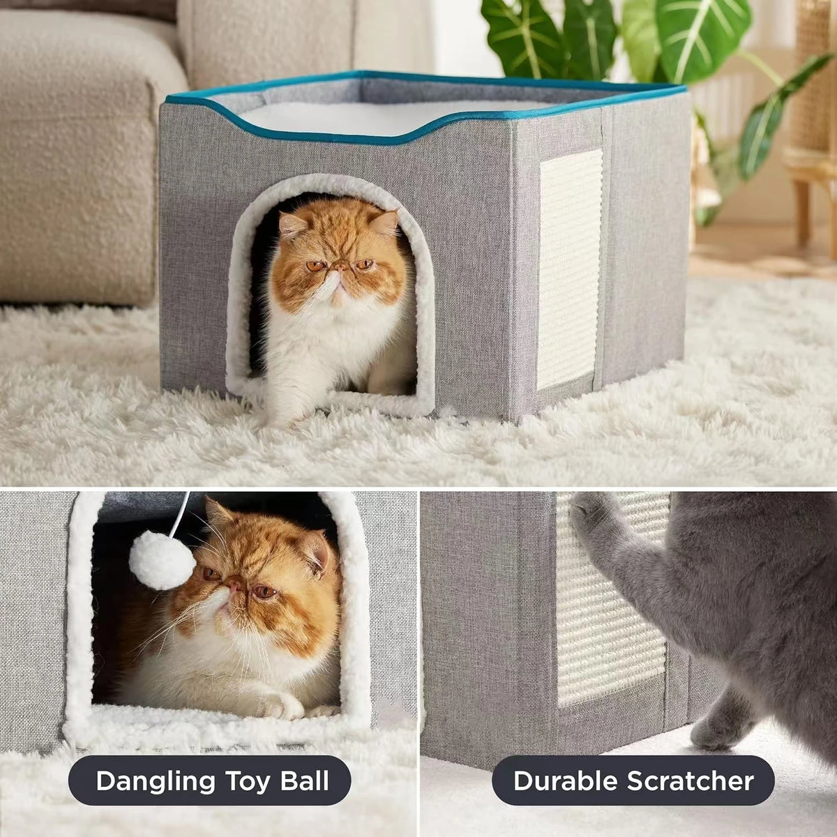 Large Foldable Cat Cave/Cat Hideaway With Fluffy Ball And Scratch Pad - Whiskersnwigglesshop