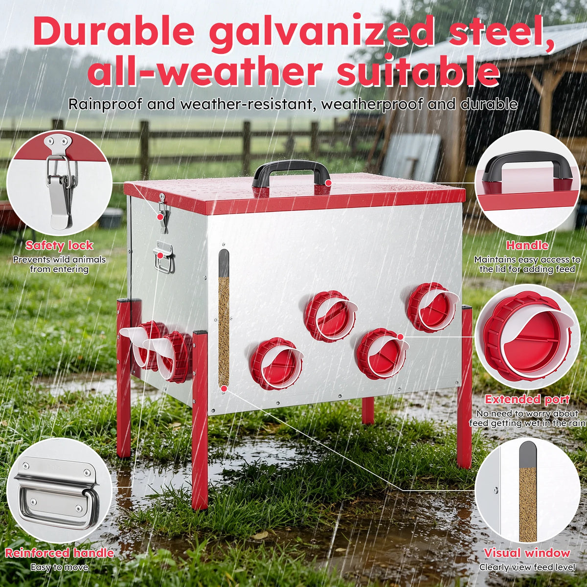 Automatic Chicken Feeder 130LBS Large Capacity 12 Anti-Waste Ports Metal Poultry Feeder with Height Adjustable Stand Waterproof Rodent Proof Feed Box with Lid Viewing Window