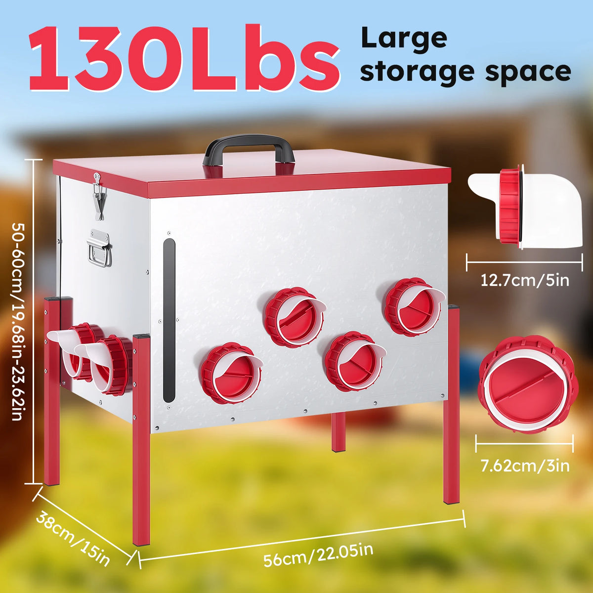 Automatic Chicken Feeder 130LBS Large Capacity 12 Anti-Waste Ports Metal Poultry Feeder with Height Adjustable Stand Waterproof Rodent Proof Feed Box with Lid Viewing Window
