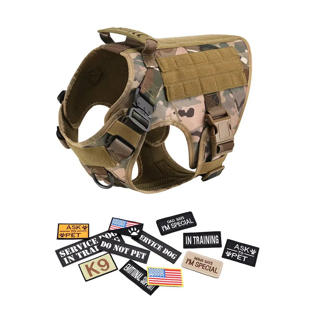 Military Style Dog Harness Collar, Leash, Bags and Patches Set