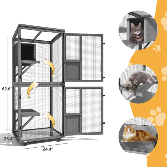 4-Tier Outdoor Cat Catio Enclosure, Large Cat Playpen with Wheels, Waterproof Roof,4 Doors & Resting Box
