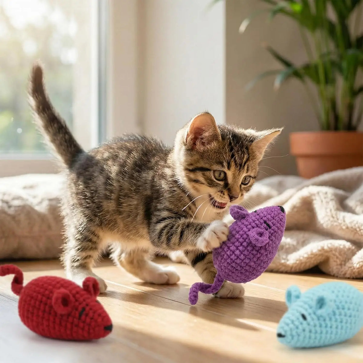 Catnip Crochet Mice Cat Toys, 3 Pcs Handmade Durable Yarn Mice Toys with Natural Catnip & Silvervine, Interactive Kitten Chew Kicker Toy for Teeth Cleaning & Anxiety Relief