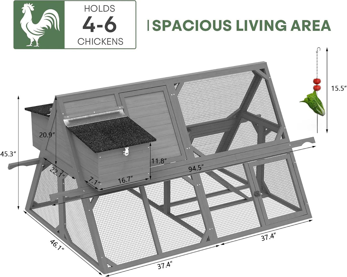 94.5" Wooden Chicken Coop, A-Frame Hen House with Carry Handles, Waterproof Roof & Removable Floor