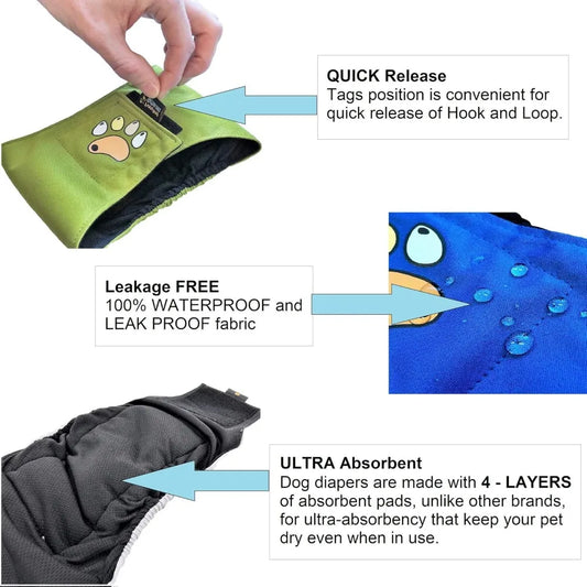 Pack of 6 Male Dog Diapers 4 - Layers of Absorbent Pads Waterproof Leak Proof Belly Band Wrap