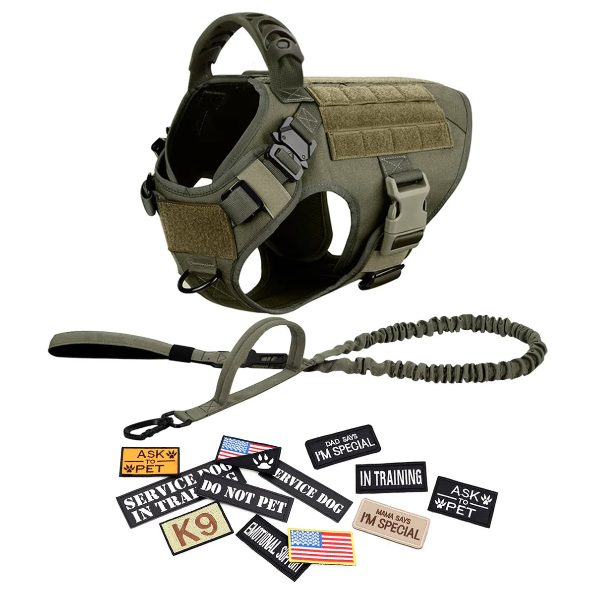 Military Style Dog Harness Collar, Leash, Bags and Patches Set