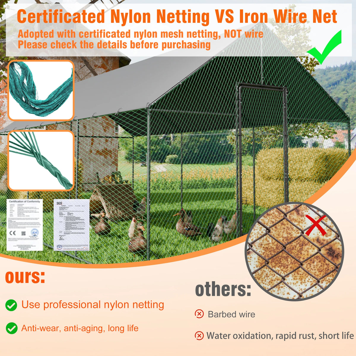 Upgraded Heavy Duty Metal Chicken Coop W/ Cover and Nylon Netting for Outdoor Backyard