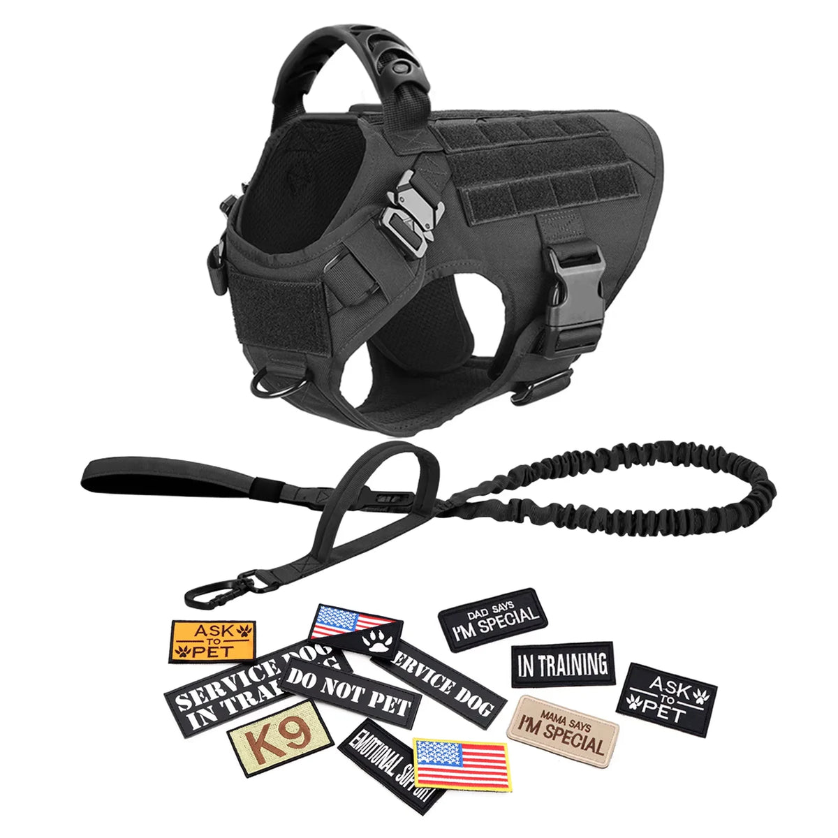 Military Style Dog Harness Collar, Leash, Bags and Patches Set