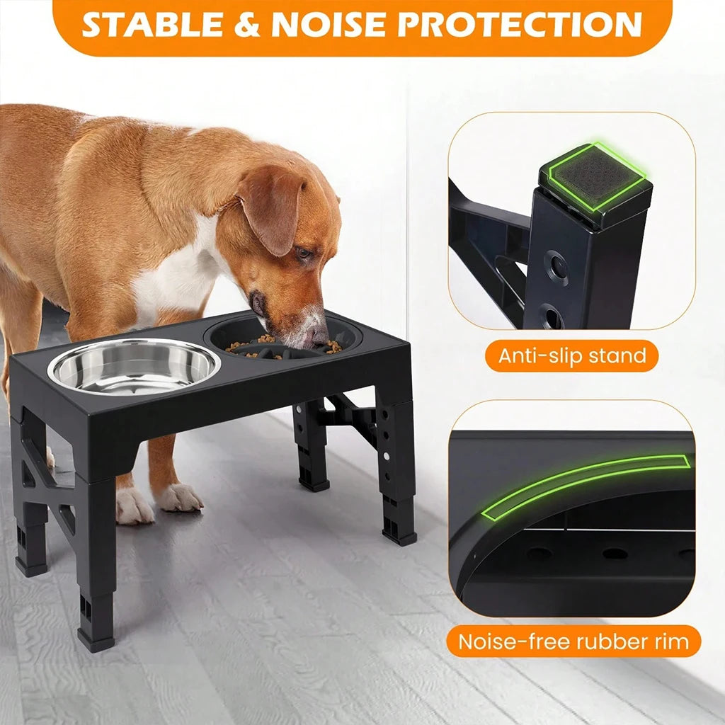 4‑Height Adjustment Elevated Feeder with Slow Feeder & Double Stainless Steel Food & Water Bowls