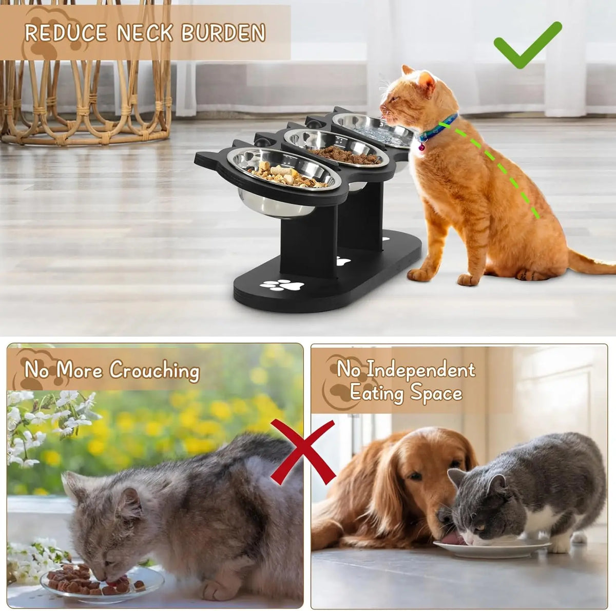 Elevated, Adjustable, and Raised Cat Food Bowls With Black Shelf; Includes 3 Stainless Steel Bowls With 15°Tilted