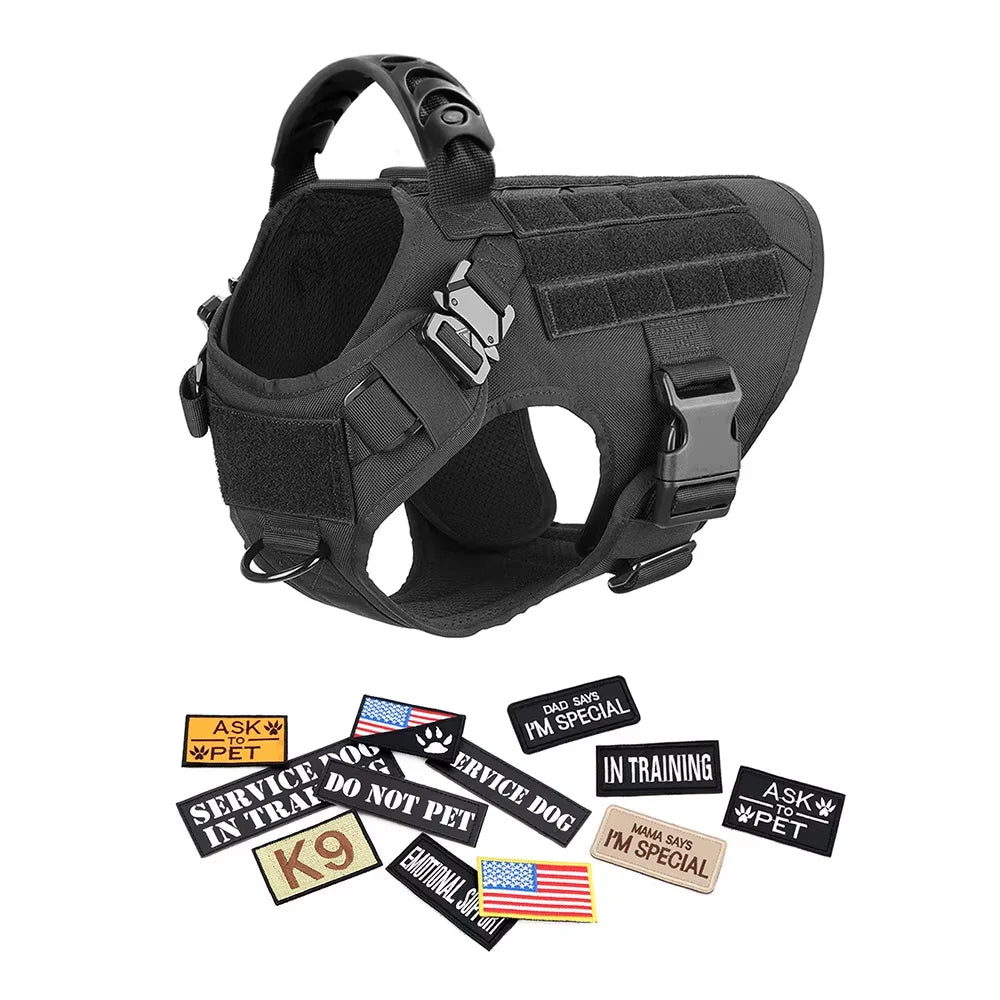 Military Style Dog Harness Collar, Leash, Bags and Patches Set