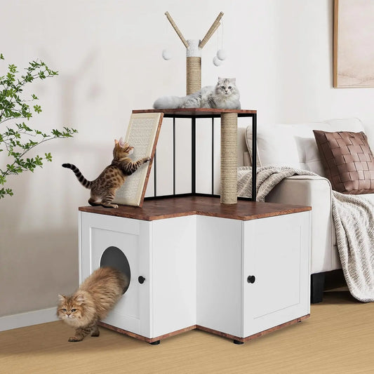 Garvee Wood L-Shaped Cat Corner Shelf Scratching Post & Play Tower 2 in 1 Wood Cat Activity Tree with Hanging Ball