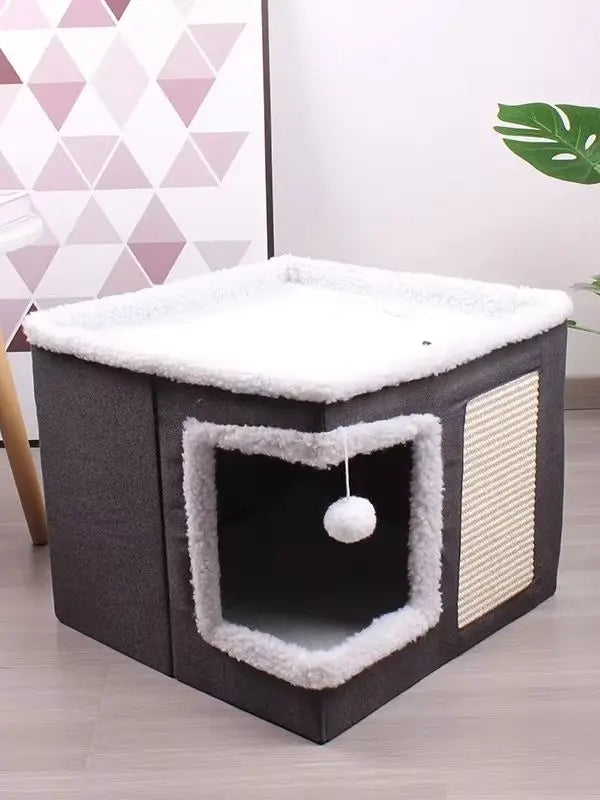 Large Foldable Cat Cave/Cat Hideaway With Fluffy Ball And Scratch Pad - Whiskersnwigglesshop