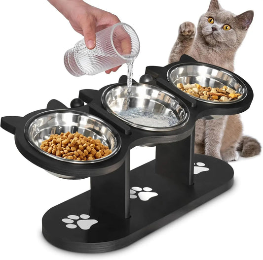 Elevated, Adjustable, and Raised Cat Food Bowls With Black Shelf; Includes 3 Stainless Steel Bowls With 15°Tilted
