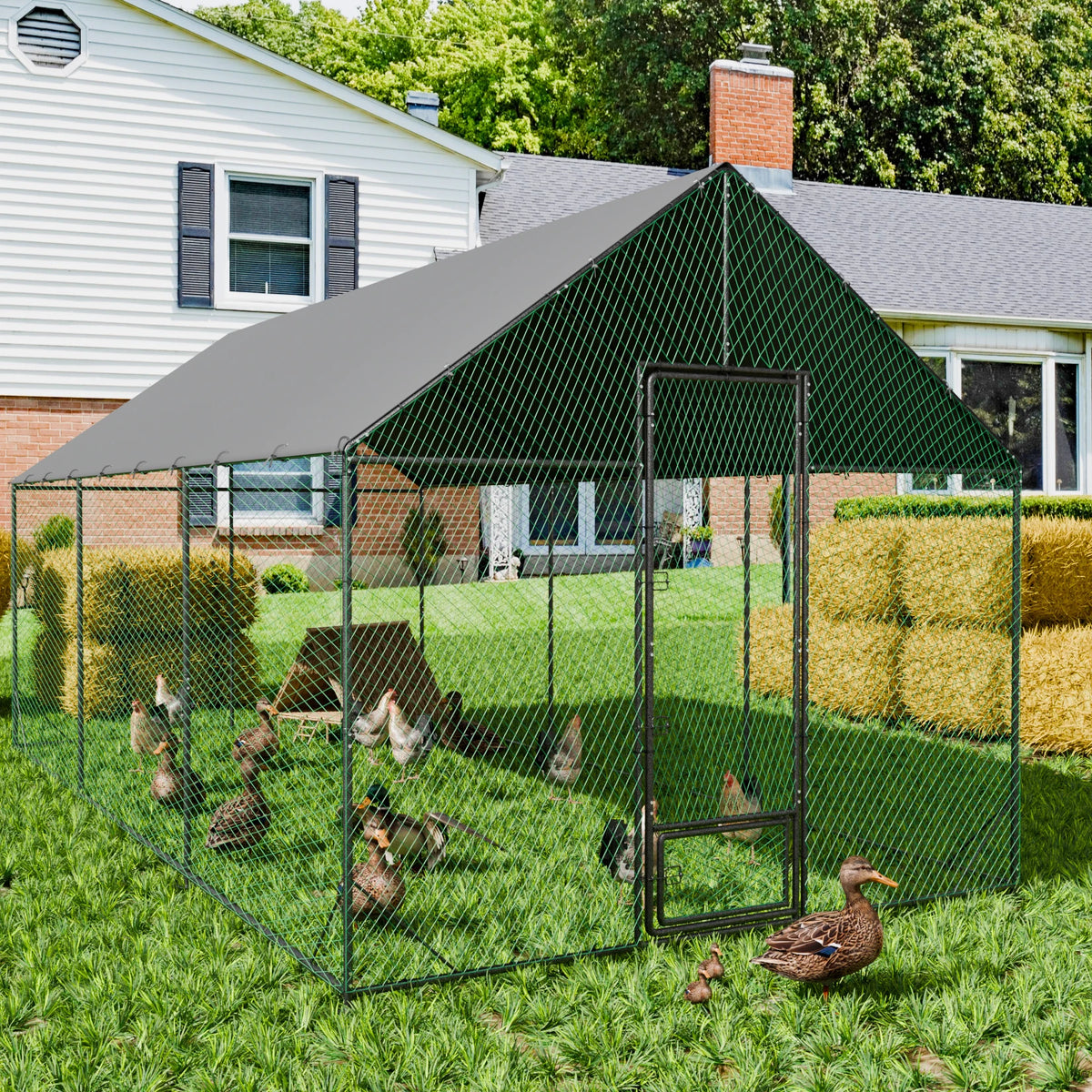 Upgraded Heavy Duty Metal Chicken Coop W/ Cover and Nylon Netting for Outdoor Backyard