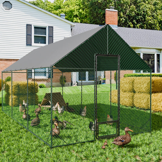 Upgraded Heavy Duty Metal Chicken Coop W/ Cover and Nylon Netting for Outdoor Backyard