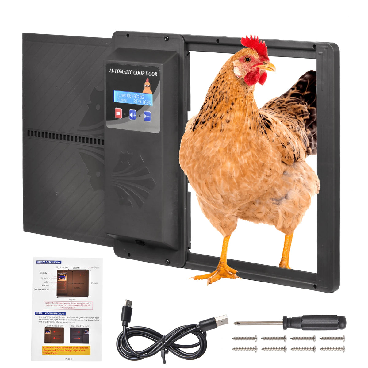 Automatic Chicken Coop Door Opener with Timer and LCD Screen, Anti-Pinch Safety Electric Poultry Door, Battery Powered USB Charging Aluminum Coop Door with Manual/Timer Dual Mode for Outdoor Farm Chicken House