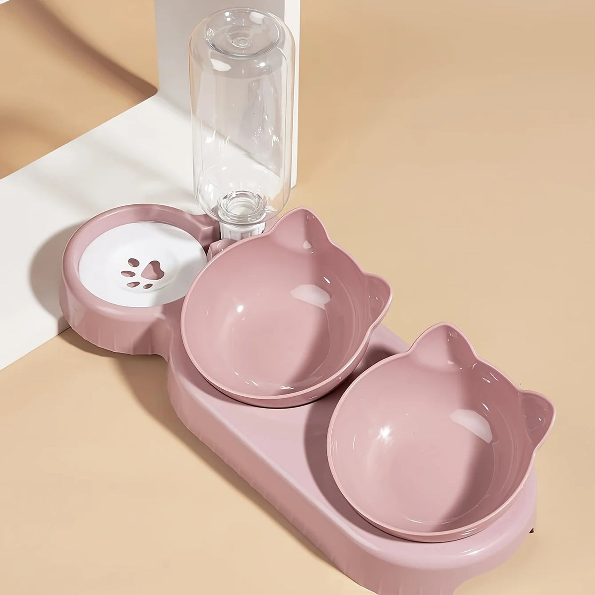 3 In 1 Ear Design Tilted Cat Water And Food Bowl Set With Gravity Water Bottle For Neck Protection