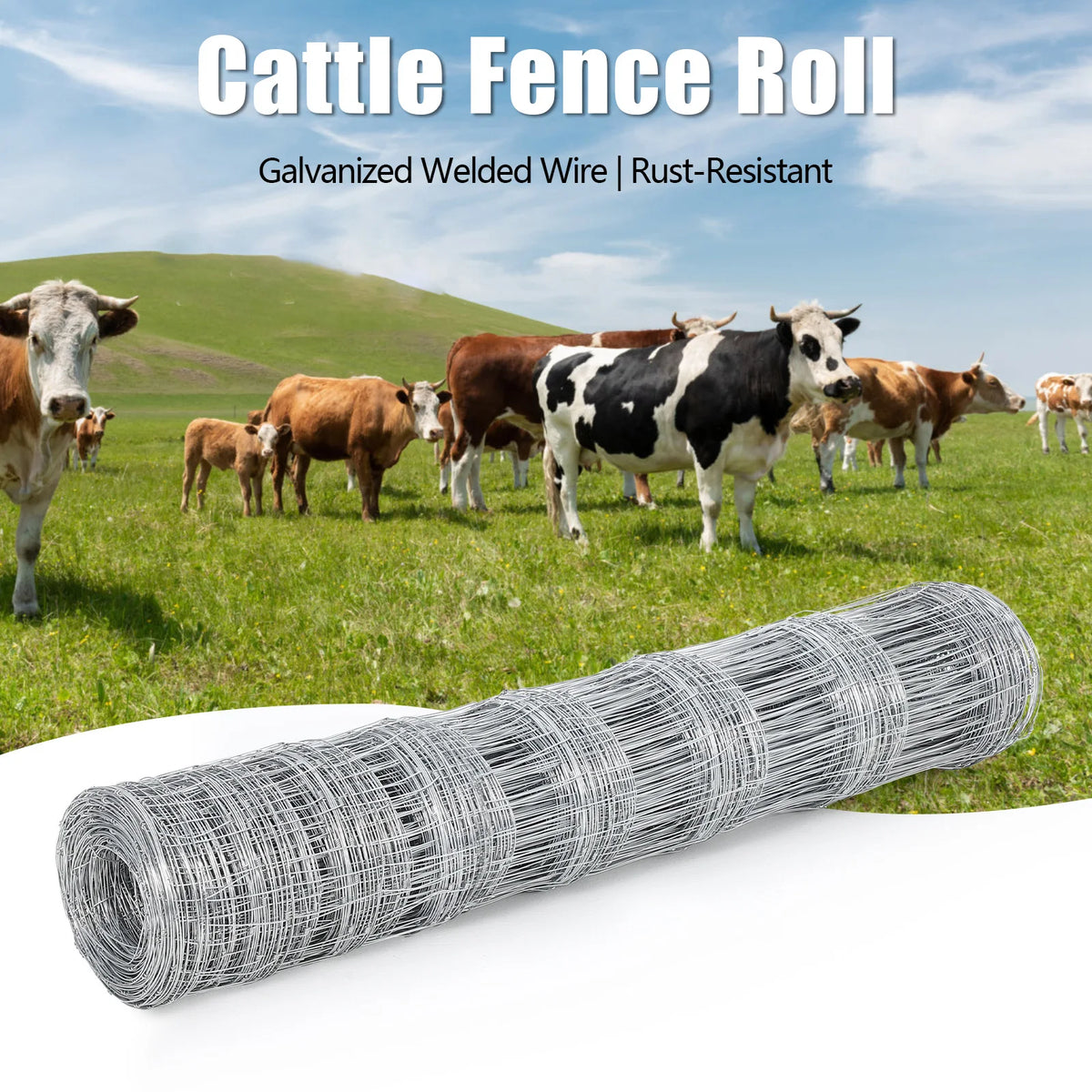 Heavy-Duty Galvanized Welded Wire Cattle Fence Roll, 14-Gauge Rust-Resistant Graduated Livestock Field Fencing - Whiskersnwigglesshop