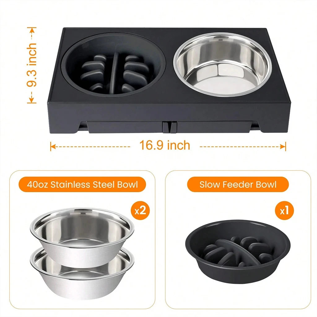 4‑Height Adjustment Elevated Feeder with Slow Feeder & Double Stainless Steel Food & Water Bowls