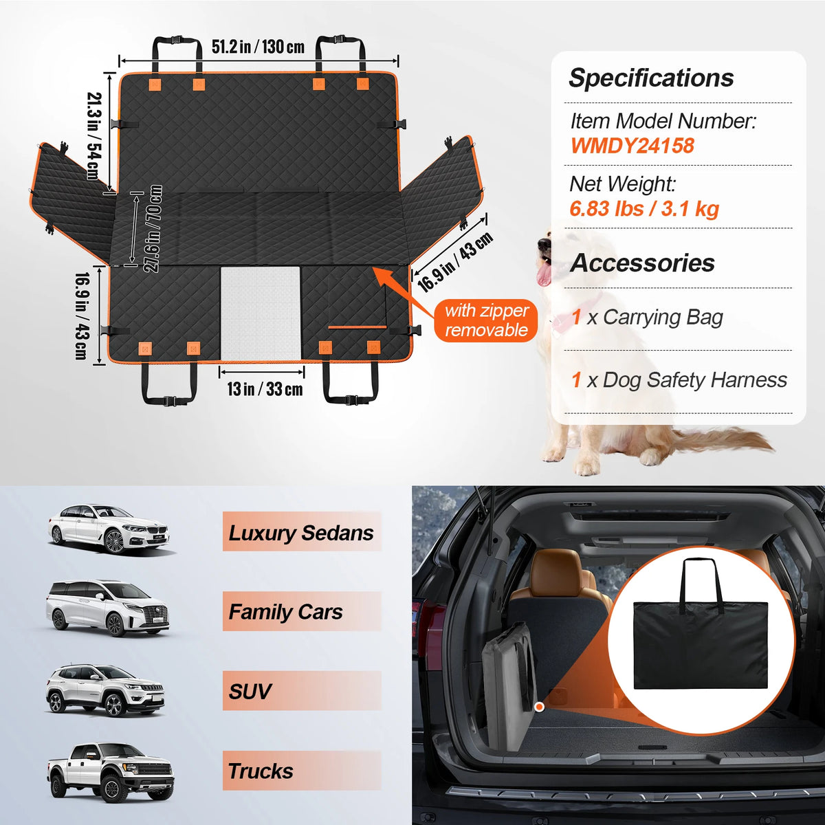 SucceBuy Back Seat Extender Car Seat Cover for Back Seat Bed with Mesh Window and Storage Pocket Supports up to 350lbs