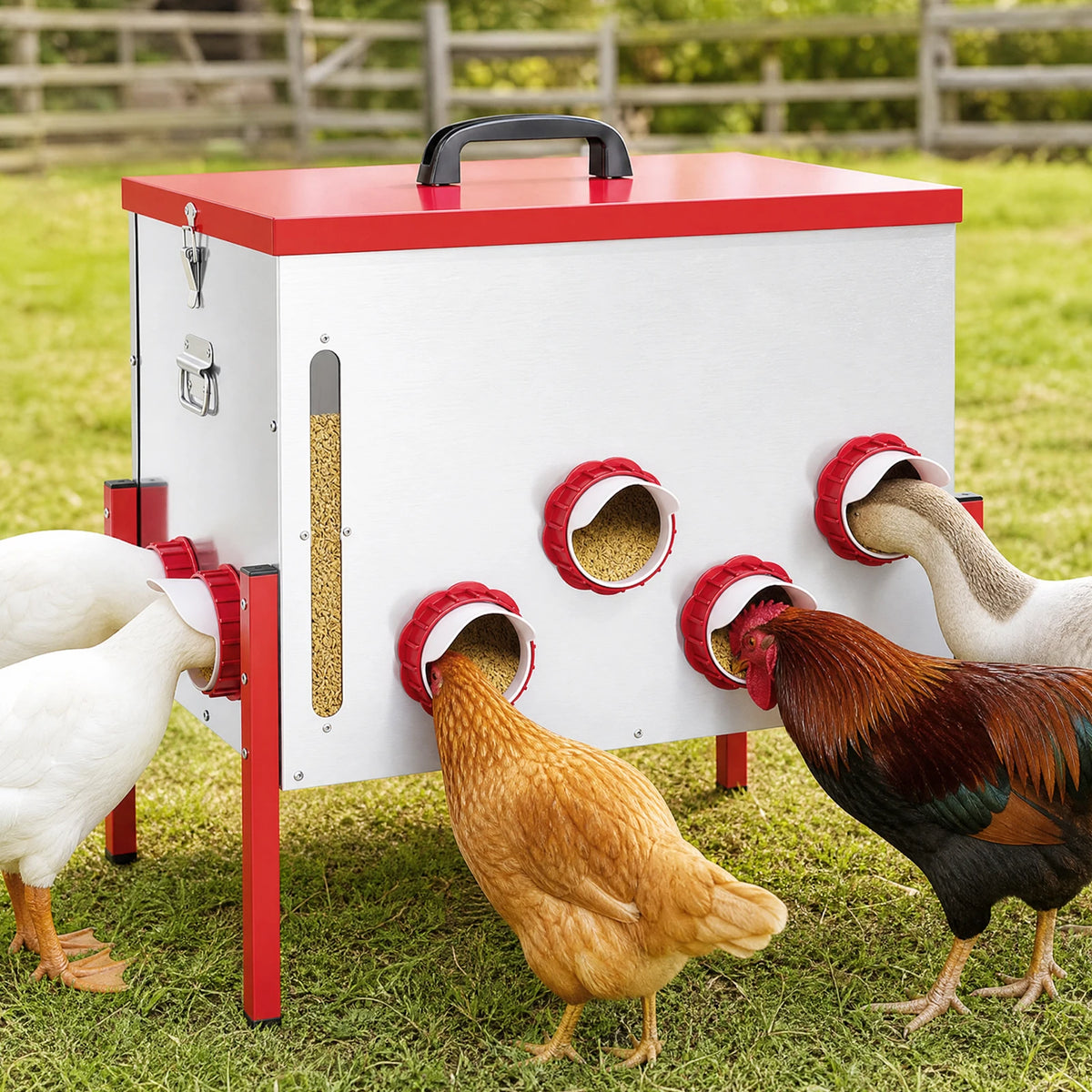 Automatic Chicken Feeder 130LBS Large Capacity 12 Anti-Waste Ports Metal Poultry Feeder with Height Adjustable Stand Waterproof Rodent Proof Feed Box with Lid Viewing Window