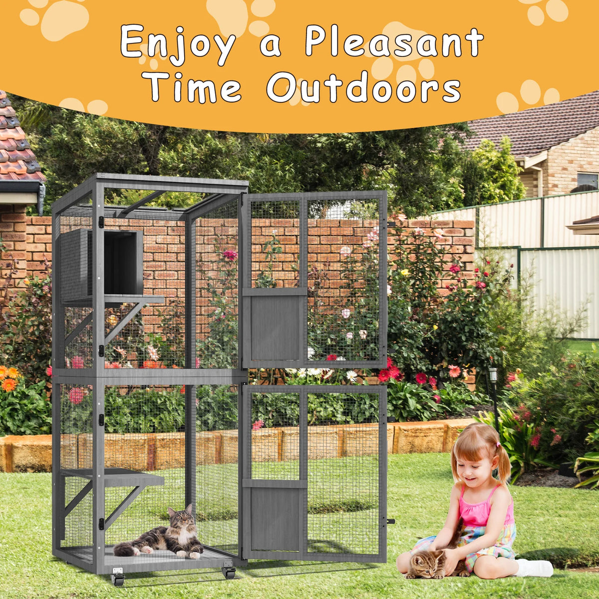 4-Tier Outdoor Cat Catio Enclosure, Large Cat Playpen with Wheels, Waterproof Roof,4 Doors & Resting Box