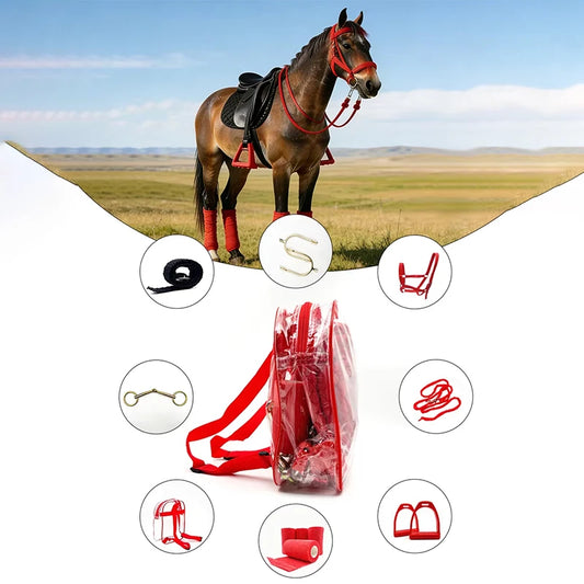 8 Pcs Pro Horse Tack Set – Bridle, Bit, Spurs, Stirrups, Leg Wraps, Lead Rope, Storage Bag, 3 Colors