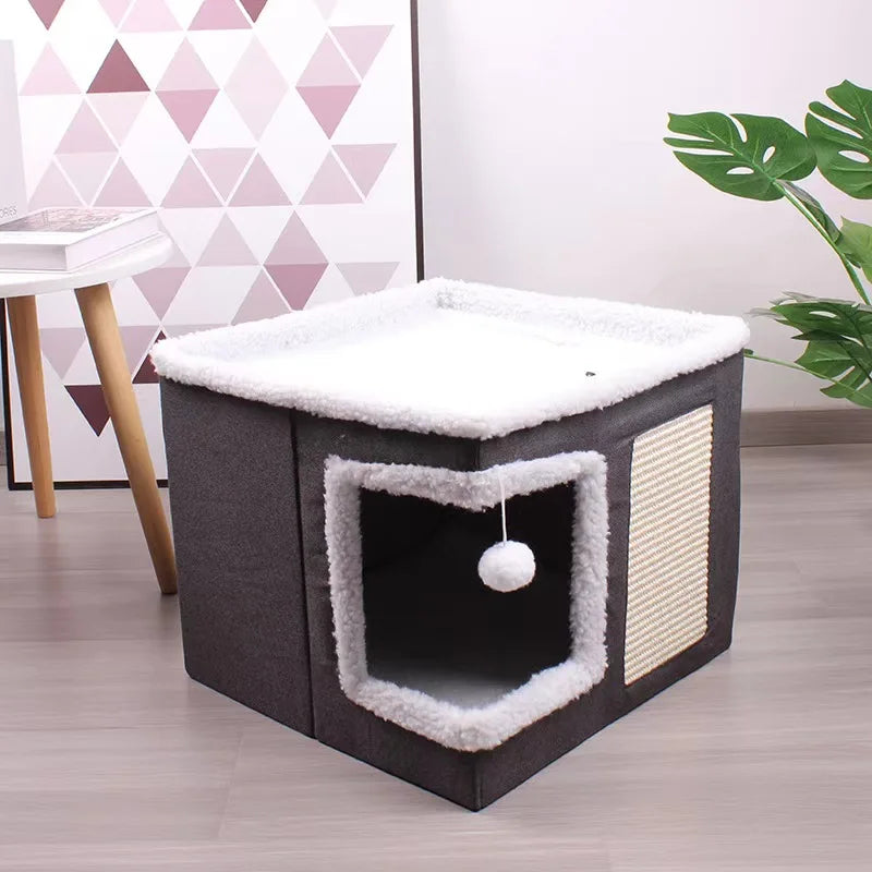 Large Foldable Cat Cave/Cat Hideaway With Fluffy Ball And Scratch Pad - Whiskersnwigglesshop
