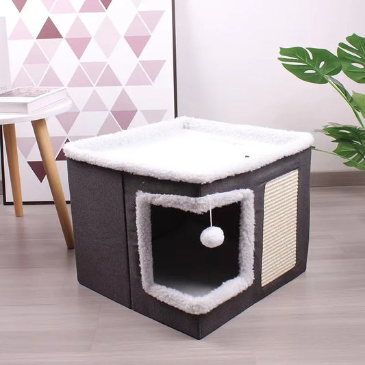 Large Foldable Cat Cave/Cat Hideaway With Fluffy Ball And Scratch Pad - Whiskersnwigglesshop