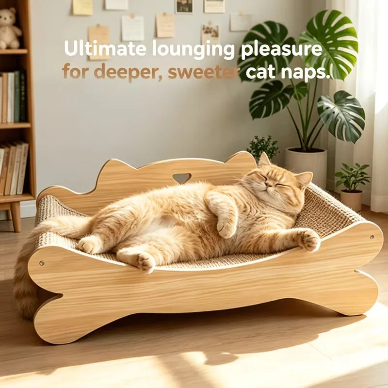 Wooden Cat Scratcher Bed, Modern Curved Cat Lounge with Sisal Scratch Pad, Cozy Cat Sofa Furniture for Indoor Cats
