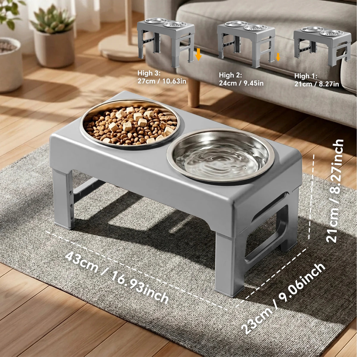 Raised Adjustable Height Dog Feeder with Non‑Slip Base Anti‑Spill Design and Slow‑Feed Bowl