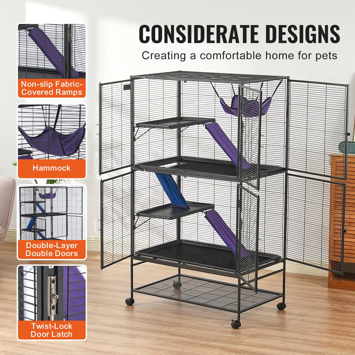 SucceBuy 64.6" Large Rolling 4-Tier Critter Nation Small Animal Cage - Whiskersnwigglesshop