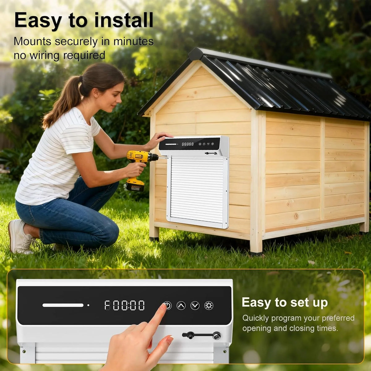 Solar Powered Chicken Coop Door Automatic Rolling Shutter Door with LCD Display Screen, Light Sensing Timed Pet Door，Support USB Charging Auto Open Close Chicken Door for Farm Backyard