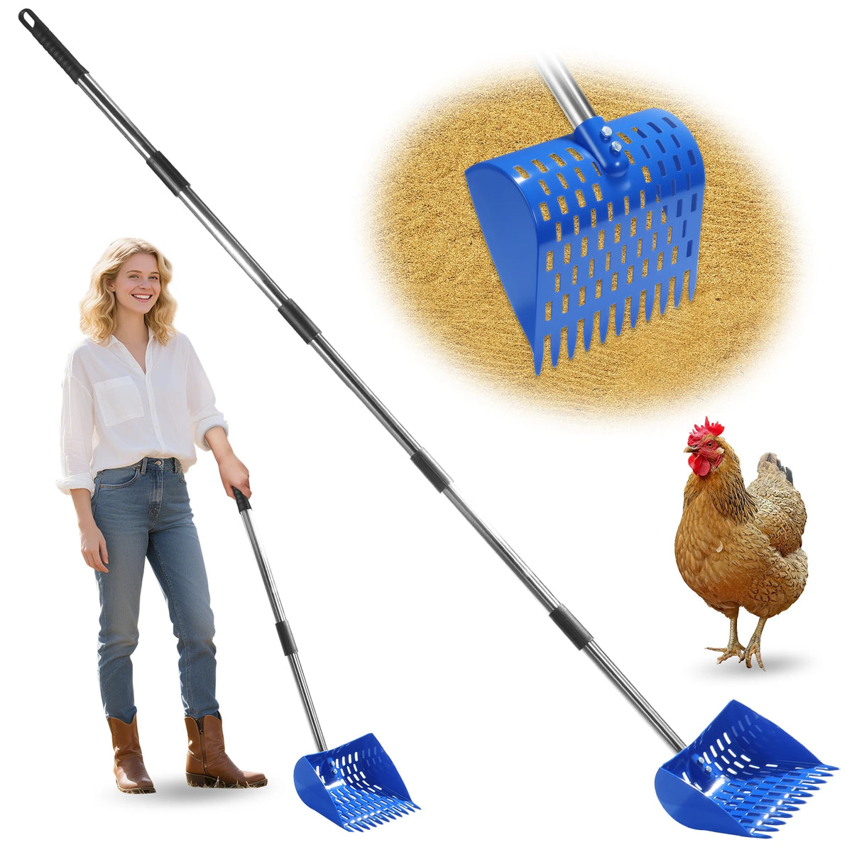 Ergonomic 2-in-1 Chicken Manure Shovel And Rake with Adjustable Handle Durable Sand Screen Garbage Shovel for Cleaning Chicken Coops