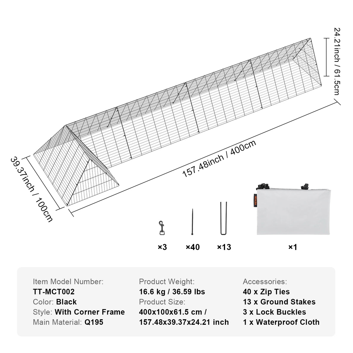 SucceBuy Portable Chicken Tunnels 157.5 x 39.4 x 24.2 in(LxWxH)