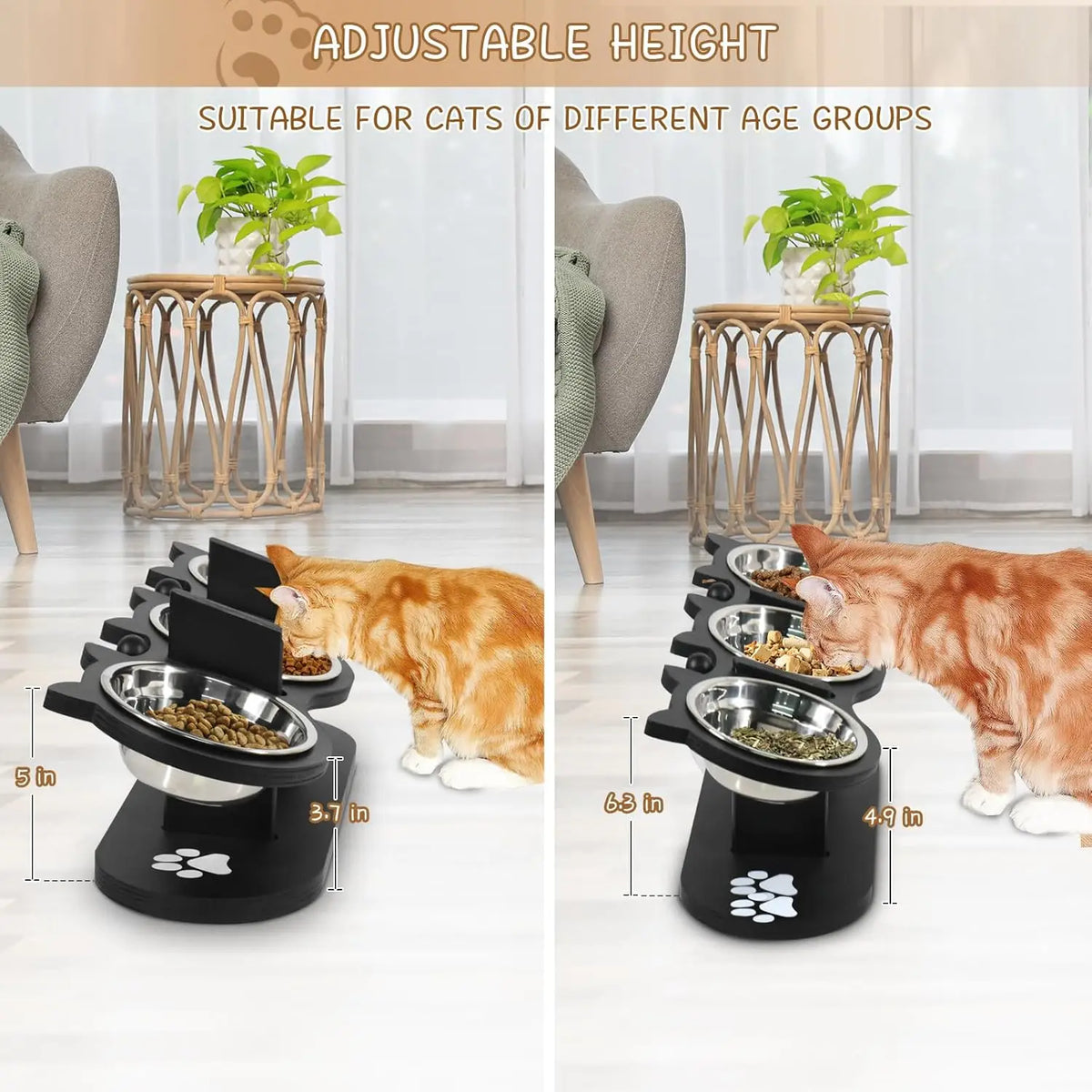 Elevated, Adjustable, and Raised Cat Food Bowls With Black Shelf; Includes 3 Stainless Steel Bowls With 15°Tilted