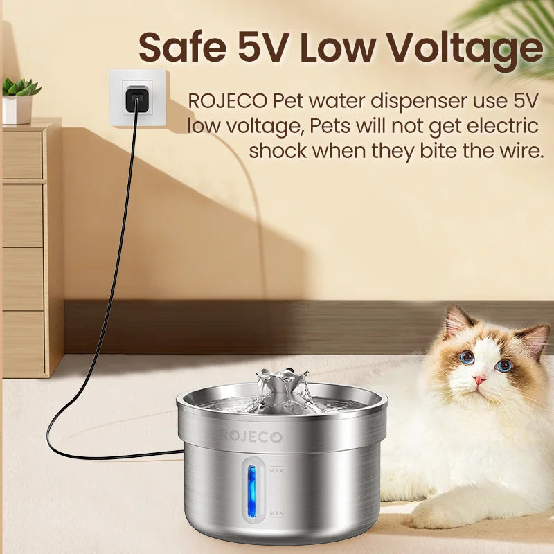 ROJECO Stainless Steel Pet Drinking Fountain Automatic Water Fountain Smart Pet Water Dispenser