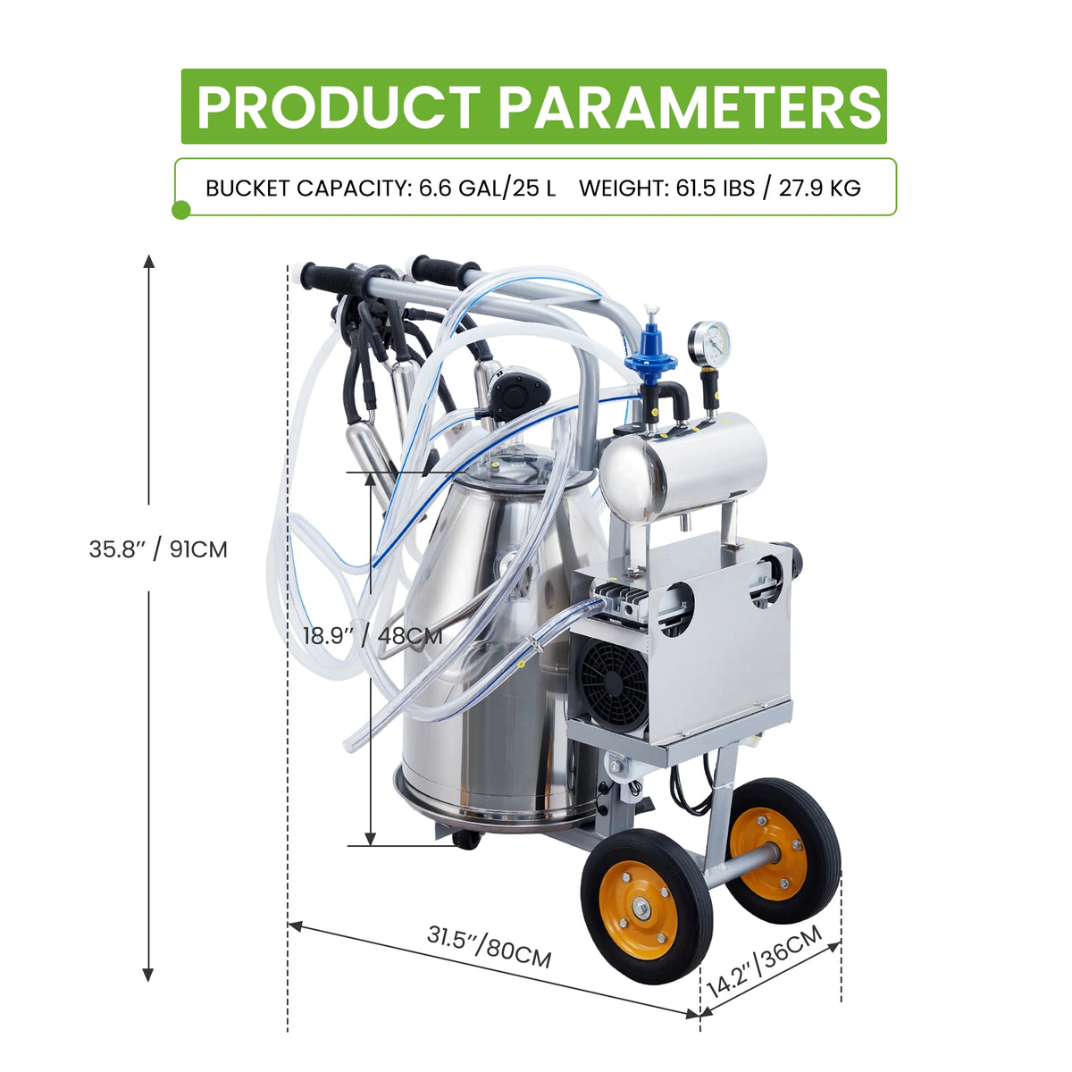 Portable Electric Milking Machine with 25L 304 Stainless Steel Bucket for Farm Use - Whiskersnwigglesshop