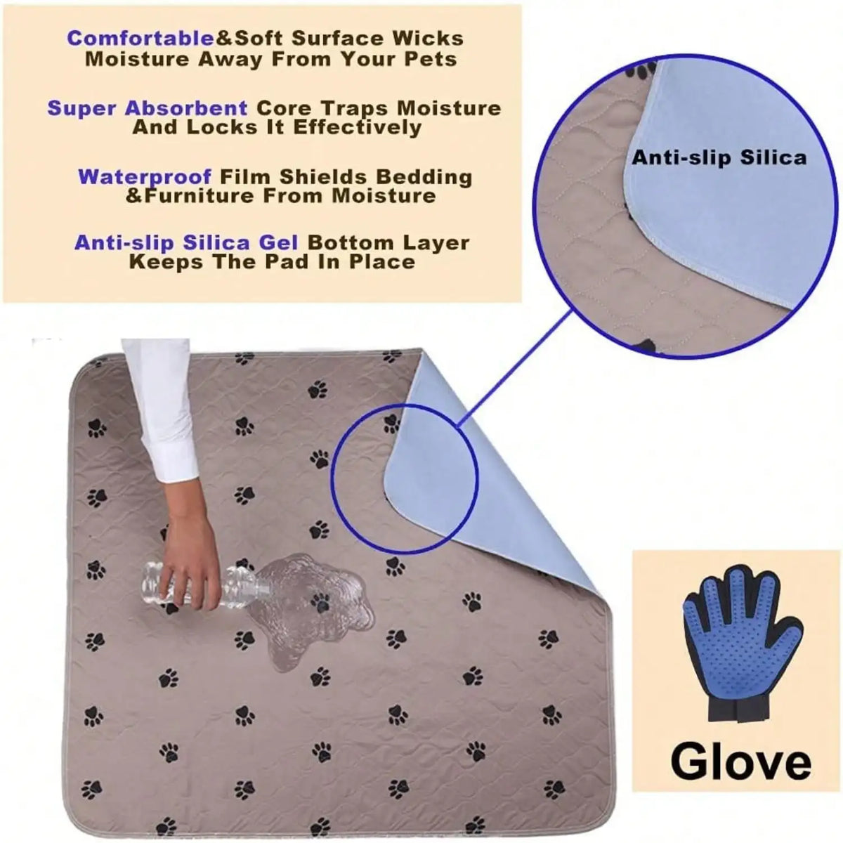 Super Absorbing Waterproof Pet Training Pads for Dog Bed Mat with Puppy Grooming Gloves Washable/Reusable