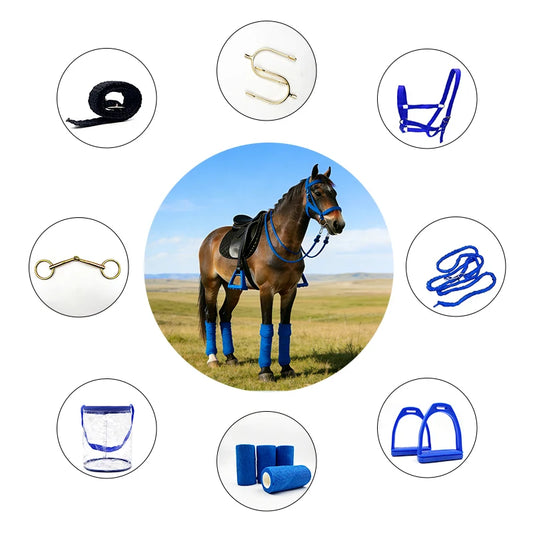 8 Pcs Pro Horse Tack Set – Bridle, Bit, Spurs, Stirrups, Leg Wraps, Lead Rope, Storage Bag, 3 Colors