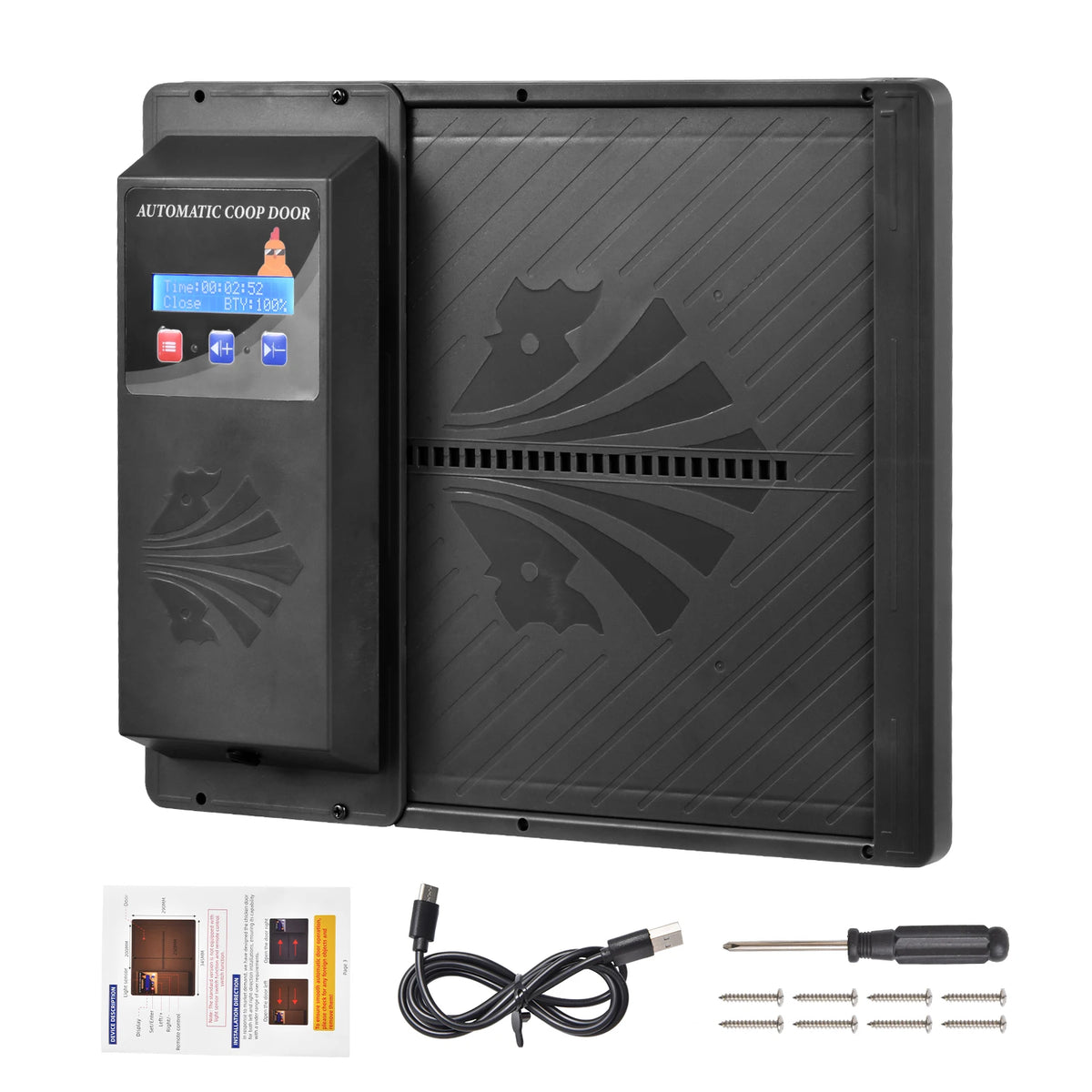 Automatic Chicken Coop Door Opener with Timer and LCD Screen, Anti-Pinch Safety Electric Poultry Door, Battery Powered USB Charging Aluminum Coop Door with Manual/Timer Dual Mode for Outdoor Farm Chicken House