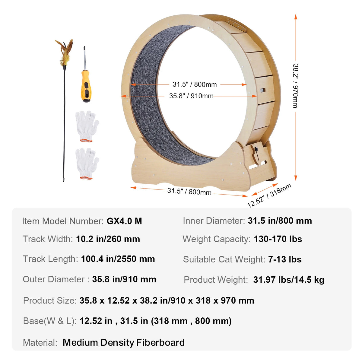 SucceBuy Wooden Cat Exercise Wheel Large Cat Treadmill Wheel for Indoor Cat Running Wheel with Detachable Carpet