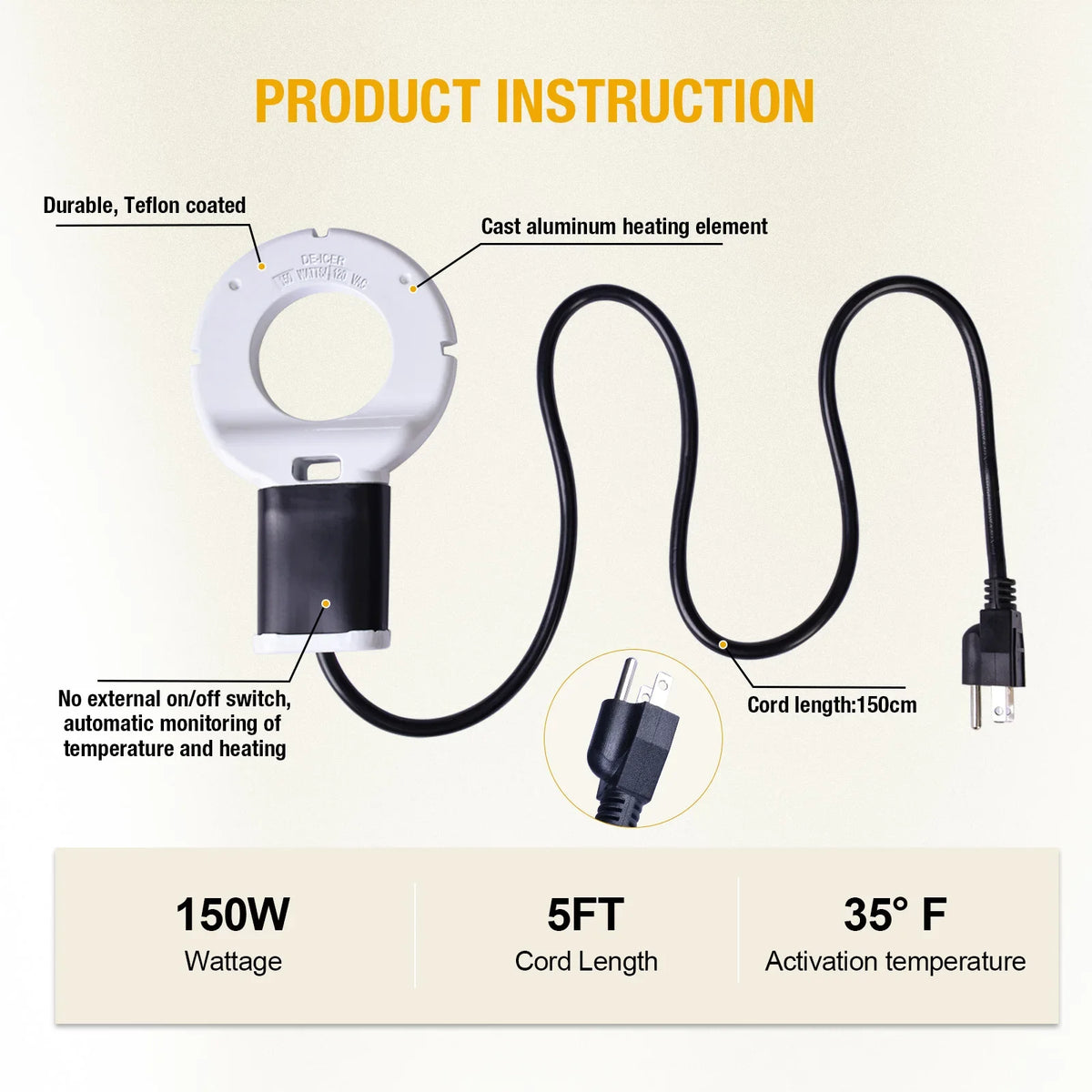 Submergible Cast Aluminum Thermostatic Control Heater De-Icer for Livestock Poultry Birds Cows Horses