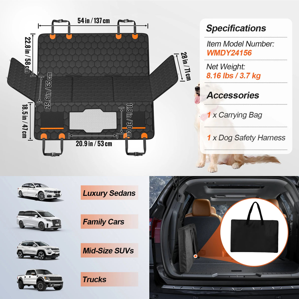 SucceBuy Back Seat Extender Car Seat Cover for Back Seat Bed with Mesh Window and Storage Pocket Supports up to 350lbs