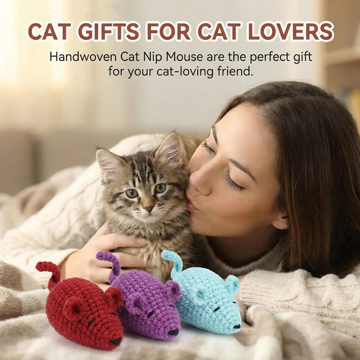 Catnip Crochet Mice Cat Toys, 3 Pcs Handmade Durable Yarn Mice Toys with Natural Catnip & Silvervine, Interactive Kitten Chew Kicker Toy for Teeth Cleaning & Anxiety Relief