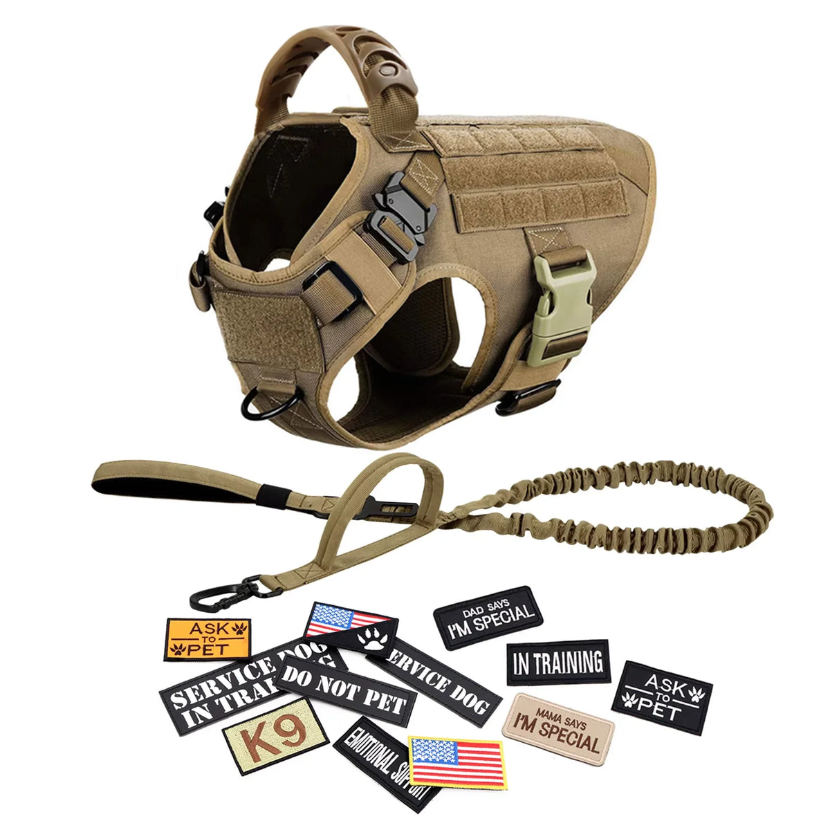 Military Style Dog Harness Collar, Leash, Bags and Patches Set