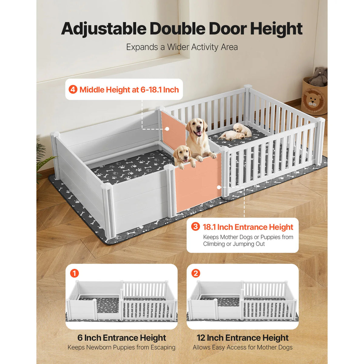 SucceBuy Dogs Whelping Box 93.3x48.4x18.1inch Plastic PVC Puppies Playpen with Height Adjustable Door