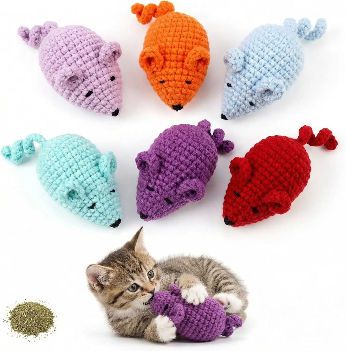 Catnip Crochet Mice Cat Toys, 3 Pcs Handmade Durable Yarn Mice Toys with Natural Catnip & Silvervine, Interactive Kitten Chew Kicker Toy for Teeth Cleaning & Anxiety Relief